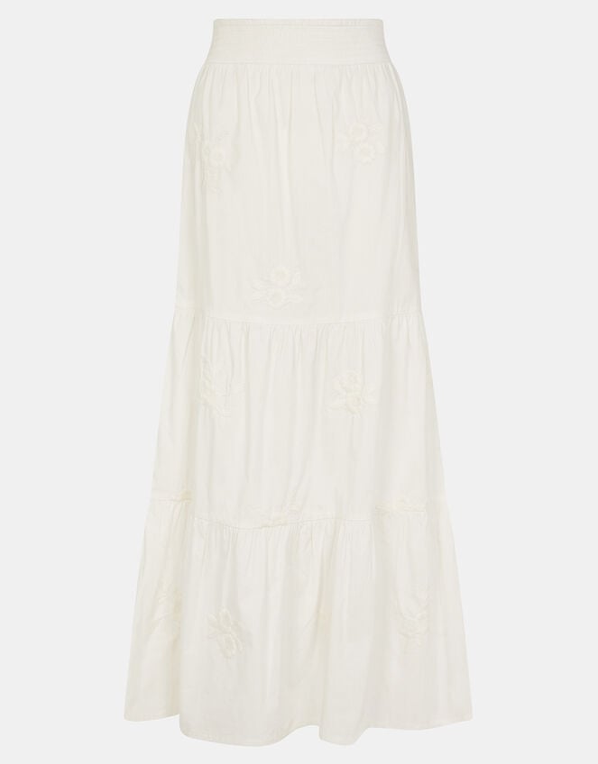 Floral Embroidered Tiered Maxi Skirt, White (WHITE), large