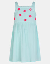 Girls Sleeveless Floral Embroidered Dress, Blue (BLUE), large