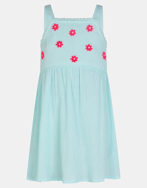 Girls Sleeveless Floral Embroidered Dress, Blue (BLUE), large