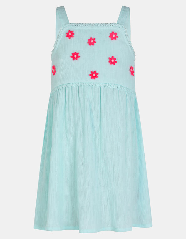 Girls Sleeveless Floral Embroidered Dress, Blue (BLUE), large