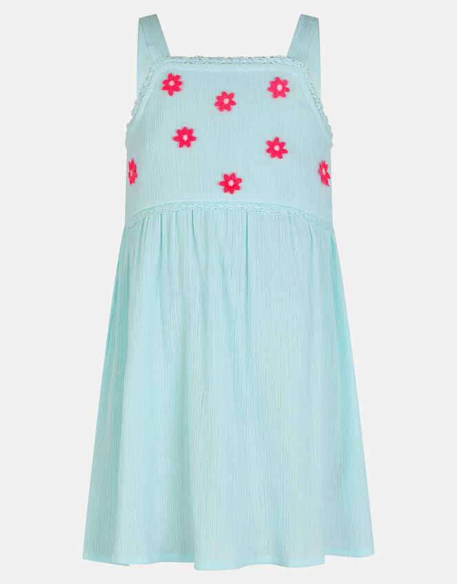 Girls Sleeveless Floral Embroidered Dress, Blue (BLUE), large