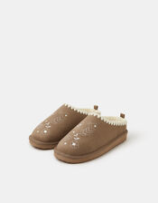Heart Embroidered Mule Slippers, Brown (BROWN), large