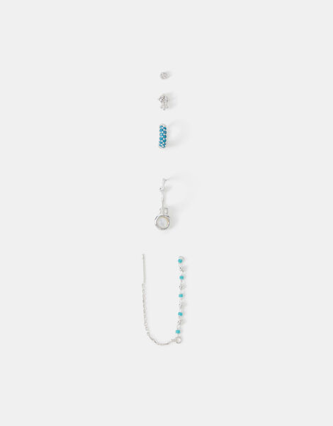 5-Pack Sterling Silver-Plated Blue Stone Stud & Hoop Earrings, , large