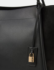 Padlock Charm Faux Suede Tote Bag, , large