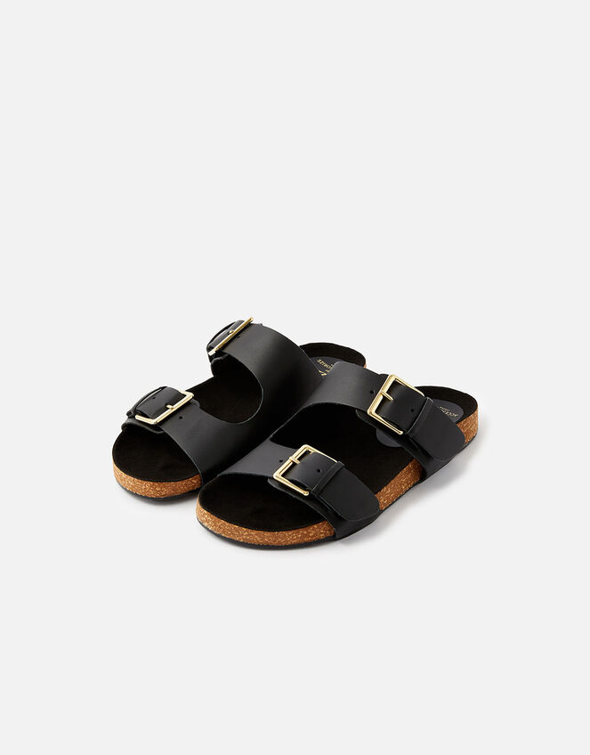 Buckle Footbed Leather Sandals , Black (BLACK), large