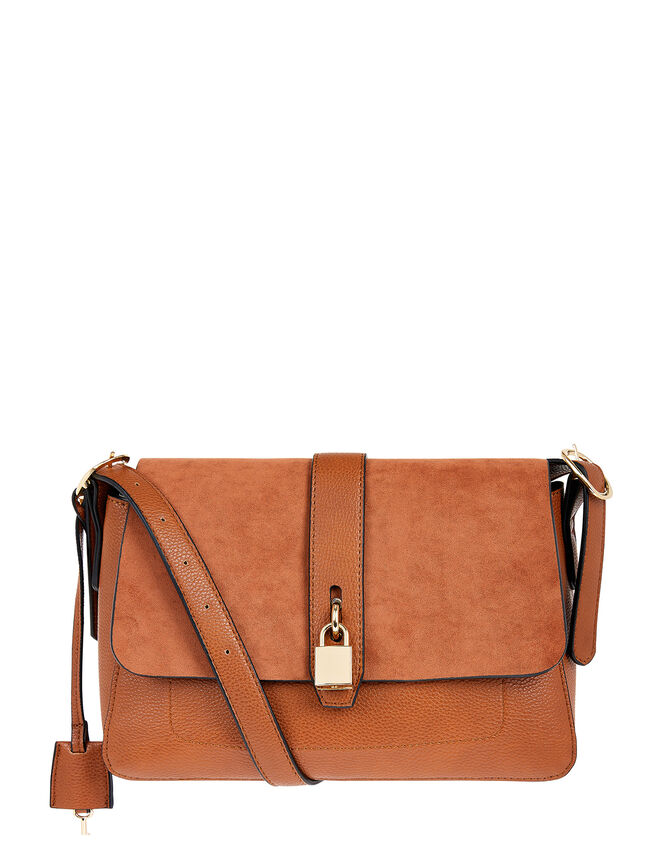 Millie Vegan Faux Padlock Shoulder Bag, Tan (TAN), large
