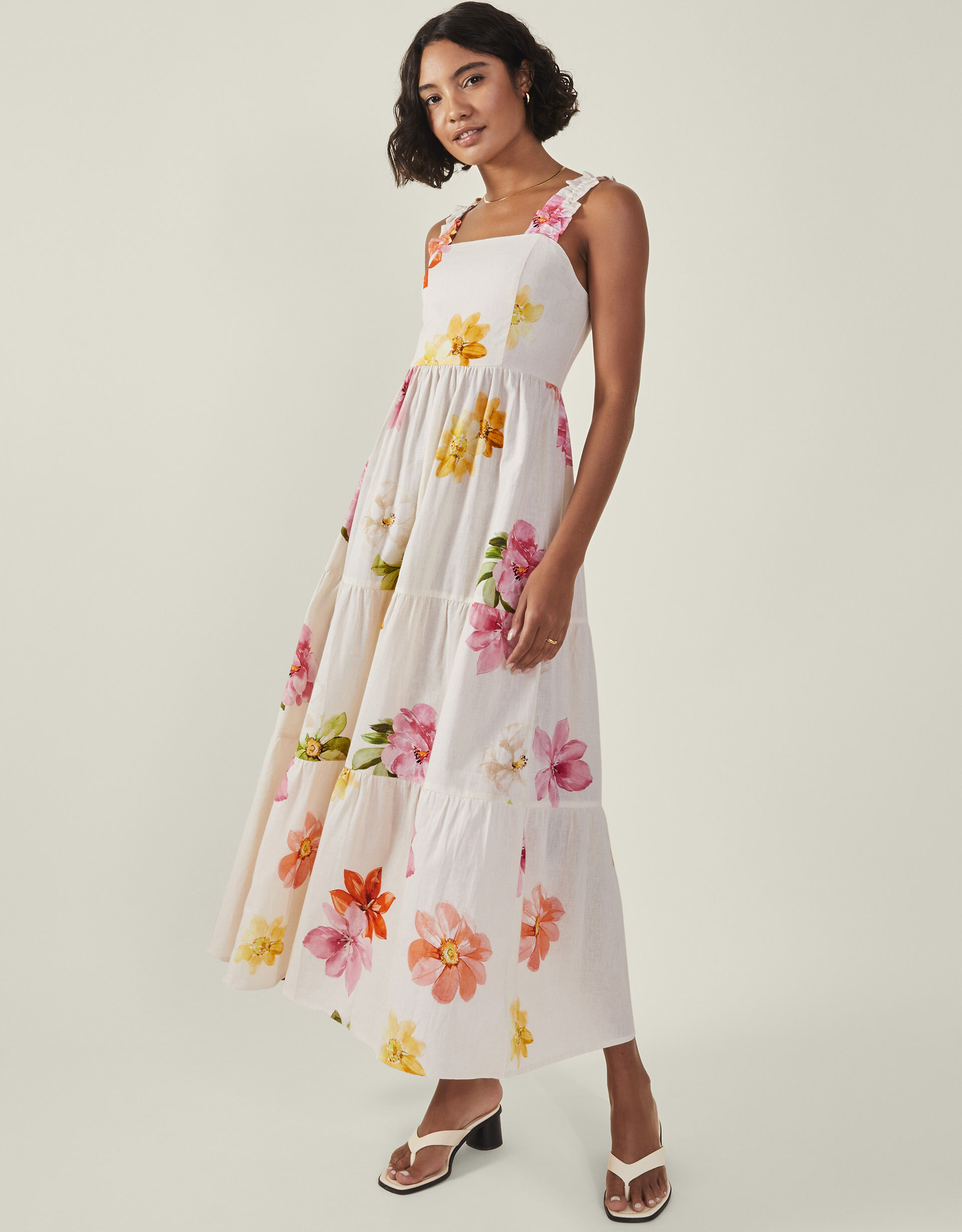 Floral Ruffle Strap Tiered Maxi Dress Ivory