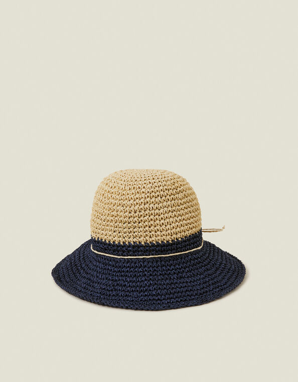 Two-Tone Straw Bucket Hat Navy, , large