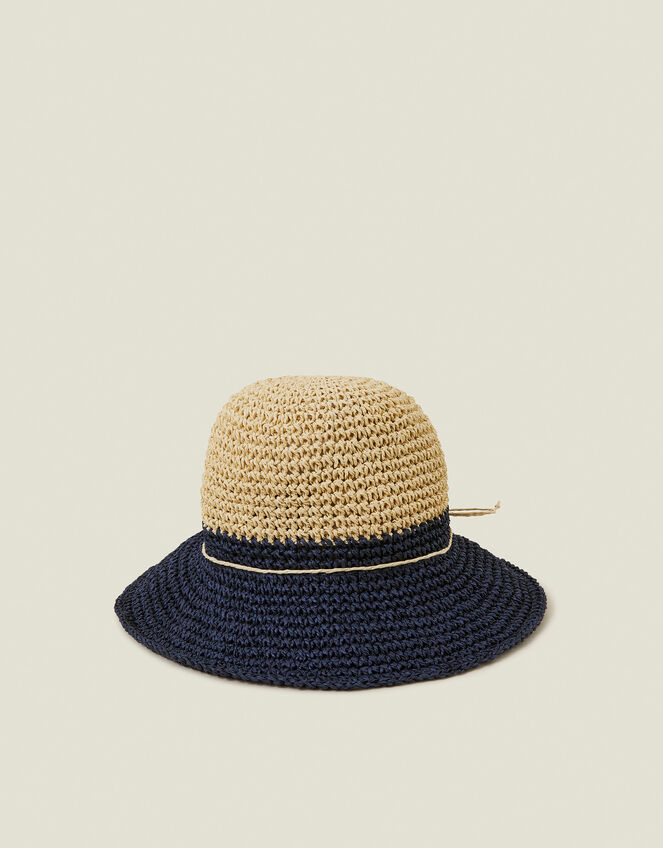 Two-Tone Straw Bucket Hat Navy, , large