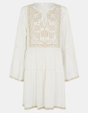 Embroidered Flute-Sleeve Mini Dress, Ivory (IVORY), large