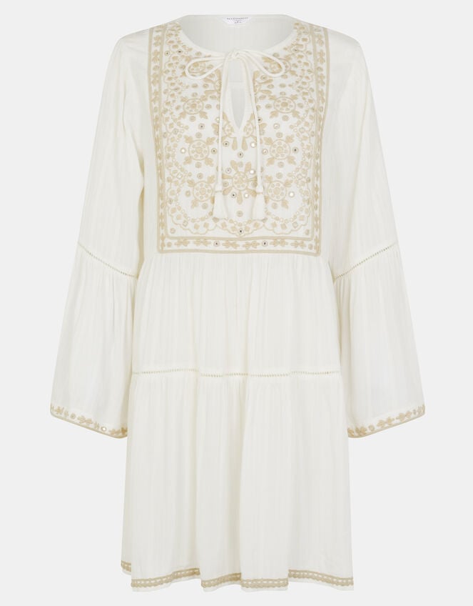 Embroidered Flute-Sleeve Mini Dress, Ivory (IVORY), large