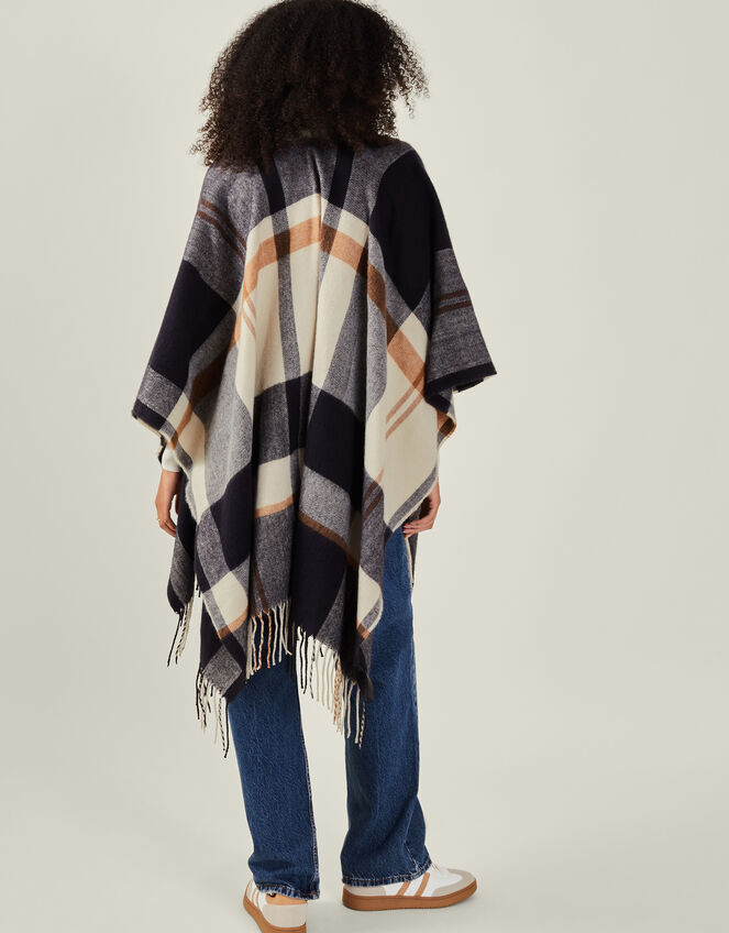 Check Cape Poncho, Blue (NAVY), large