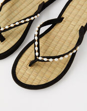 Pearl Beaded Seagrass Flip Flops , Black (BLACK), large