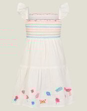 Girls Floral Embroidered Dress, White (WHITE), large