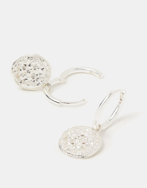 Sterling Silver-Plated Celestial Coin Charm Hoop Earrings, , large