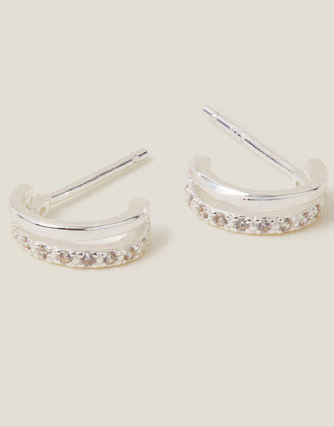 Sterling Silver-Plated Double Hoop Earrings, , large
