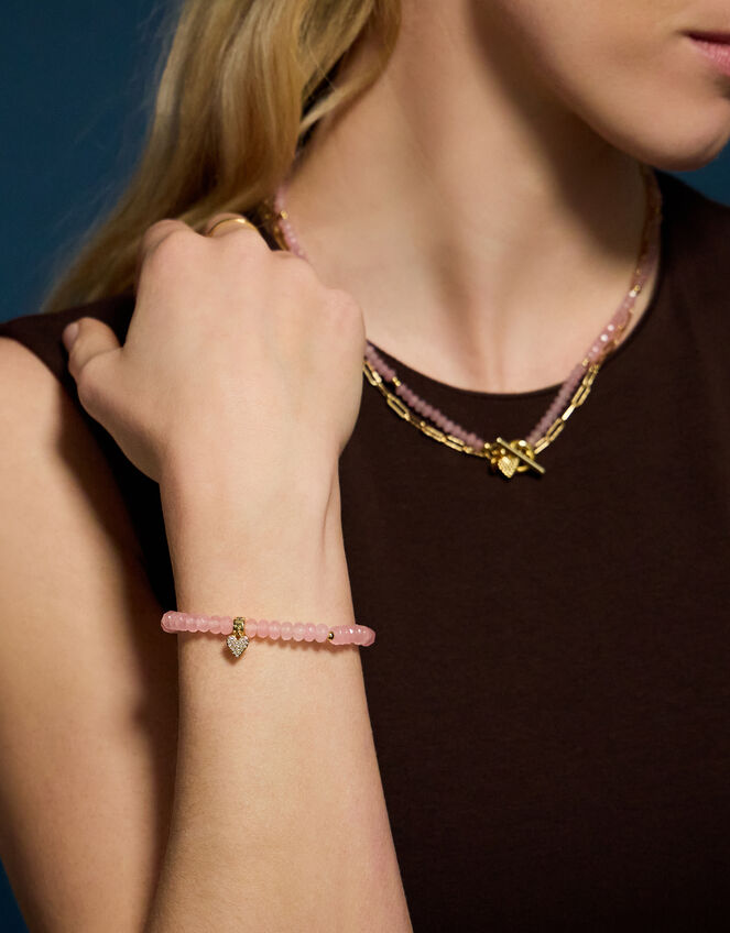 14ct Gold-Plated Healing Stone Bead Charm Bracelet, Pink (ROSE PINK), large