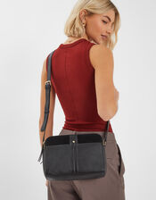 Double Zip Leather Cross-Body Bag, Black (BLACK), large