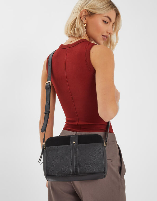 Double Zip Leather Cross-Body Bag, Black (BLACK), large
