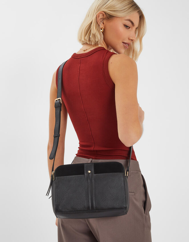 Double Zip Leather Cross-Body Bag, Black (BLACK), large