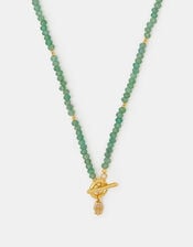 14ct Gold-Plated Healing Stone Bead T-Bar Necklace, Green (GREEN), large