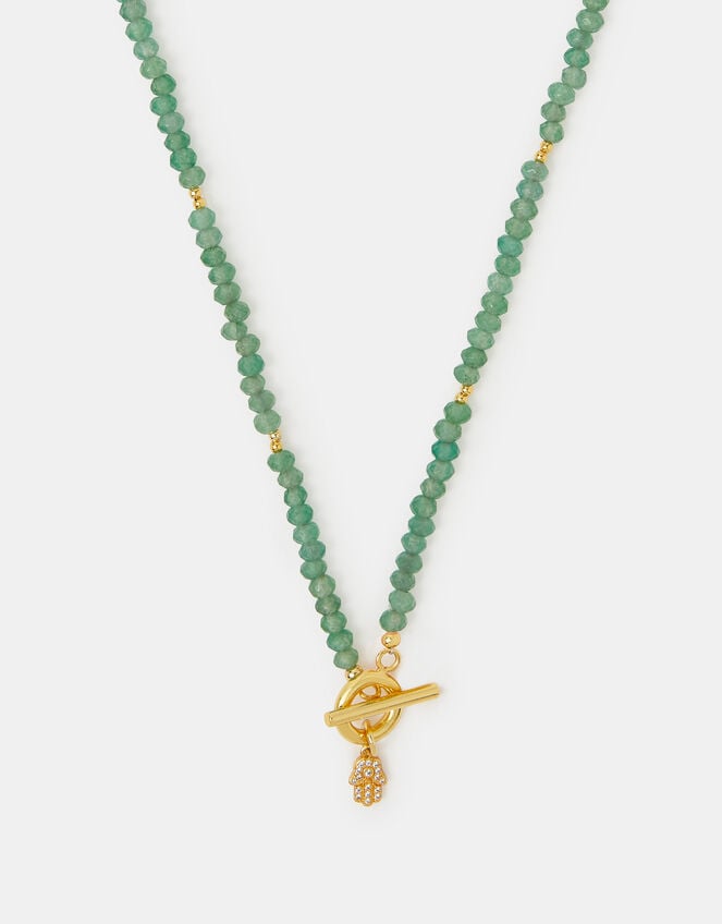 14ct Gold-Plated Healing Stone Bead T-Bar Necklace, Green (GREEN), large