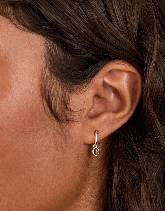 Sterling Silver Healing Stone Hoop Earrings, Brown (BROWN), large