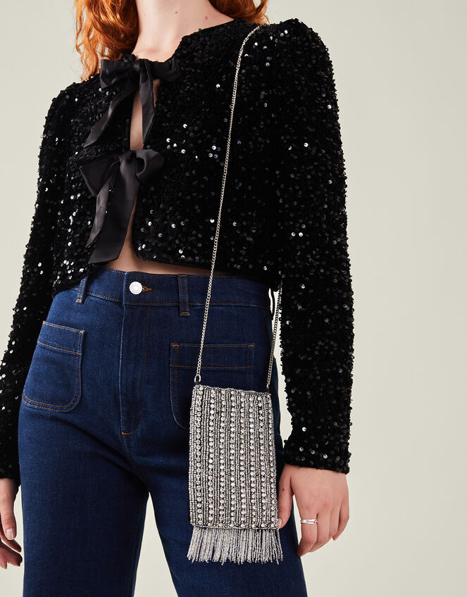 Diamante Bead Fringe Phone Bag, , large