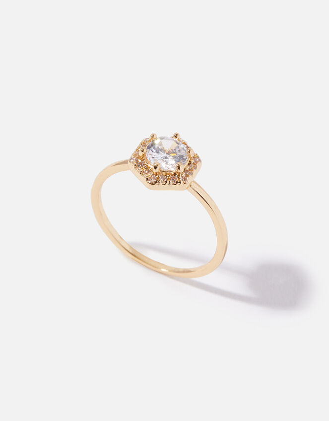 Gold-Plated Sparkle Hex Solitaire Ring, Gold (GOLD), large