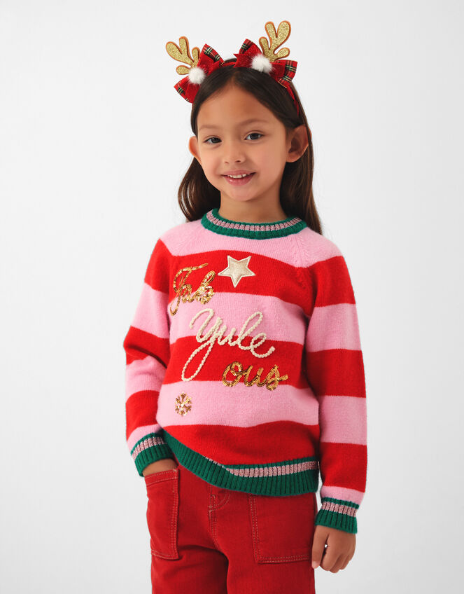 Girls Slogan Stripe Christmas Jumper, Multi (BRIGHTS MULTI), large