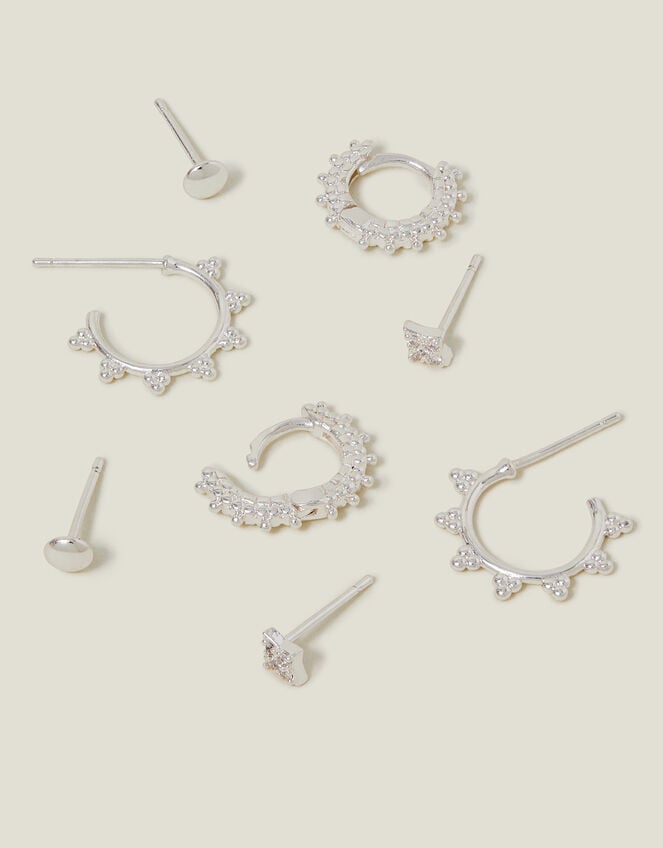 4-Pack Sterling Silver-Plated Stud and Bobble Hoop Earrings, , large