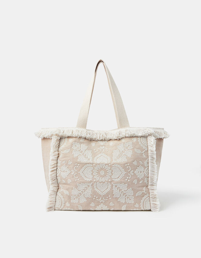 Embroidered Fringe Tote Bag, , large