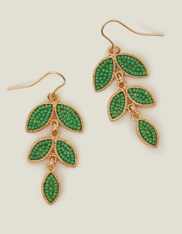 Beaded Leaf Drop Earrings Green, , large