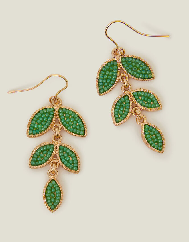 Beaded Leaf Drop Earrings Green, , large