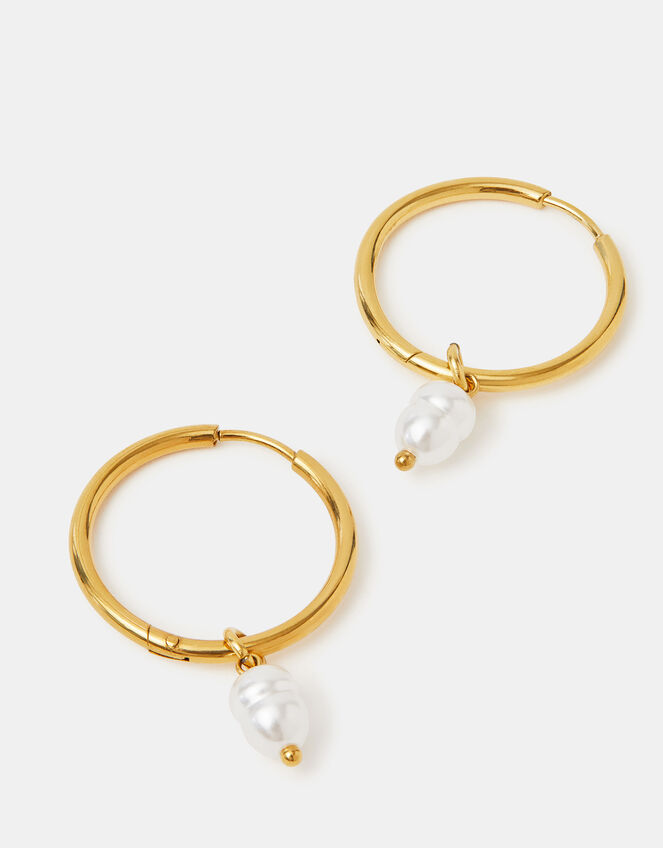 14ct Gold-Plated Stainless Steel Pearl Hoop Earrings, , large