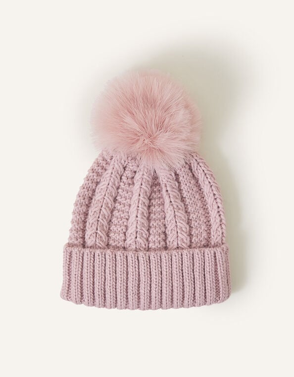 Faux Fur Pom-Pom Beanie Hat, Pink (PINK), large