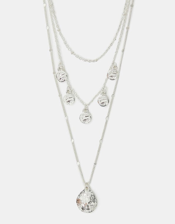 Textured Disc Charm Layered Necklace Silver, , large