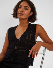 Crochet Lace Waistcoat, Black (BLACK), large