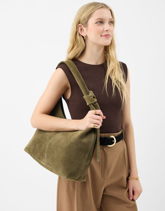 Slouchy Knot Leather Shoulder Bag, Green (KHAKI), large