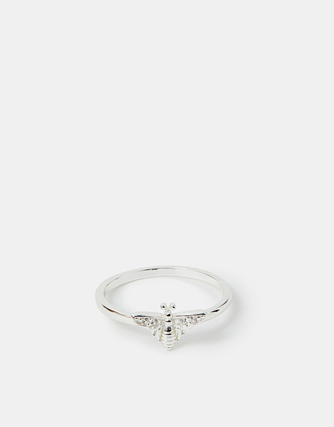 Sterling Silver-Plated Diamante Bee Ring, Silver (ST SILVER), large