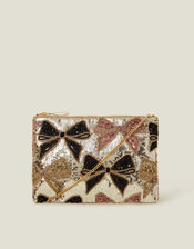 Sequin Bow Zip Top Clutch Bag, , large