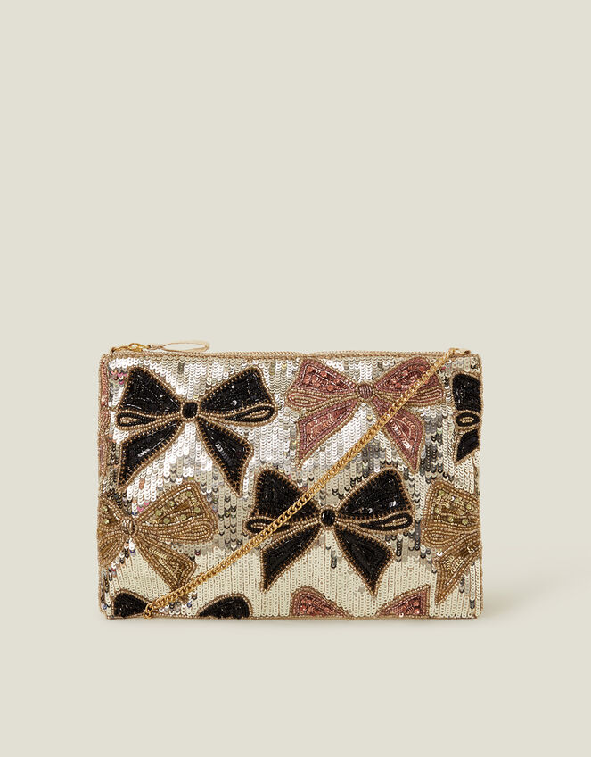 Sequin Bow Zip Top Clutch Bag, , large