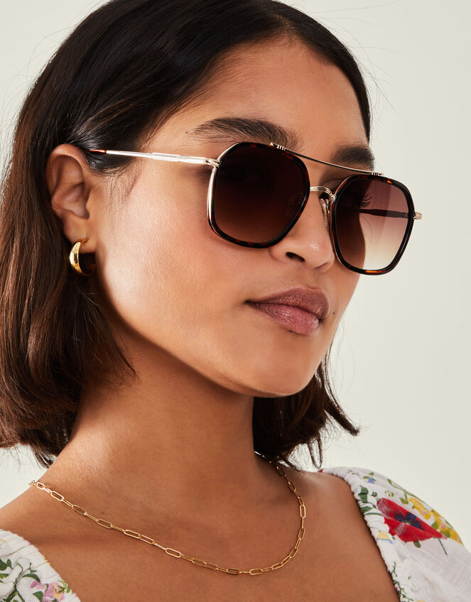 Metal Tortoiseshell Aviator Sunglasses, , large