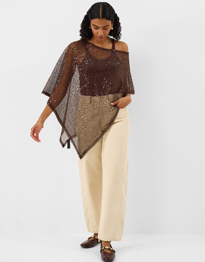 Sheer Sequin Poncho, Brown (CHOCOLATE), large
