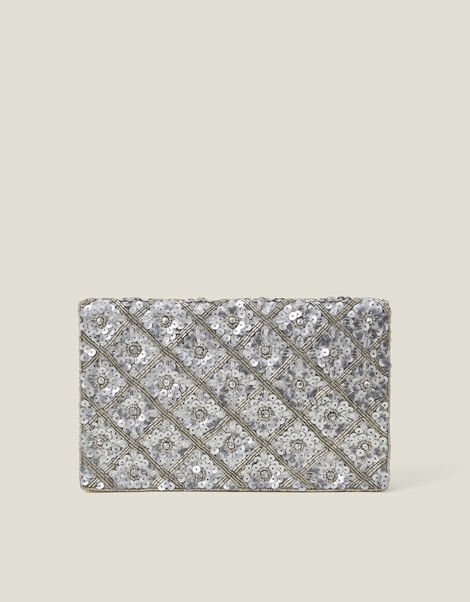 Metallic Embellished Clutch Bag, Silver (SILVER), large