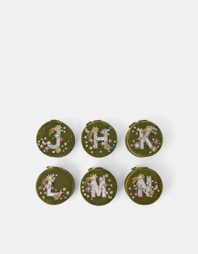 Round Initial Velvet Jewellery Box, Green (OLIVE), large