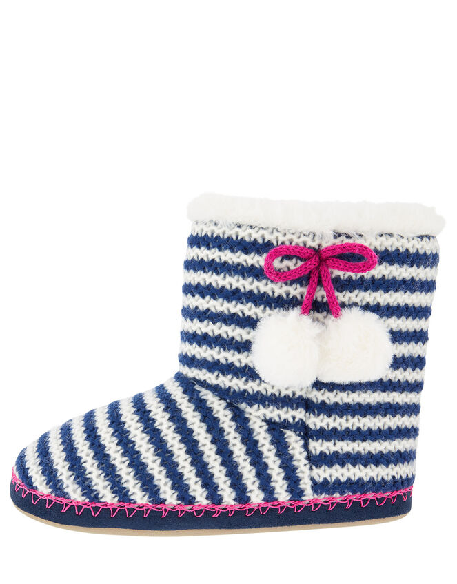Stripe Pom-Pom Knit Slipper Boots, Blue (NAVY), large