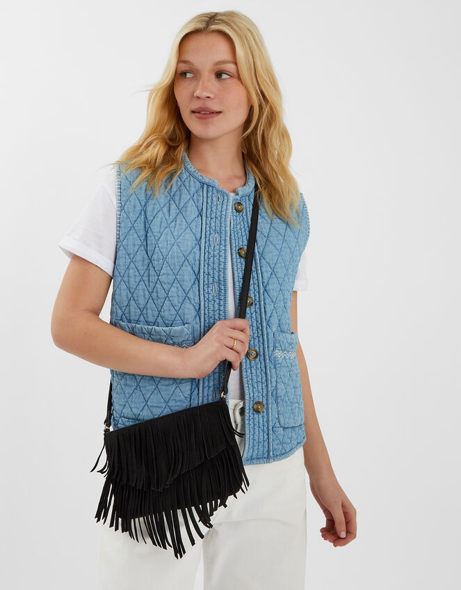 Suede Fringe Crossbody Bag, Black (BLACK), large