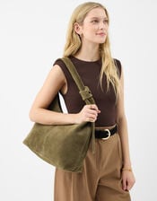 Slouchy Knot Leather Shoulder Bag, Green (KHAKI), large