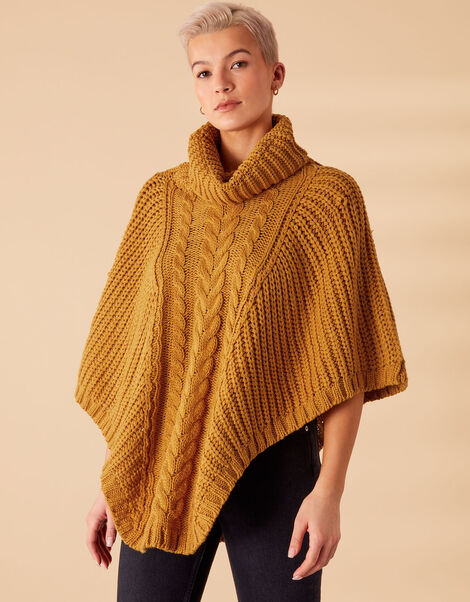Cable Knit Poncho Yellow, Yellow (OCHRE), large